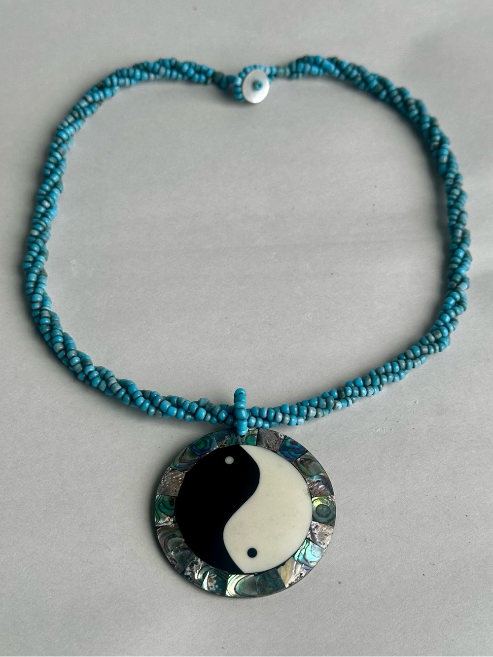Black & White Yin Yang Abalone Pendant Necklace - Turquoise Beaded Strand
